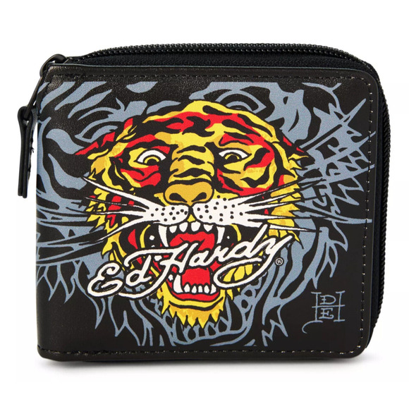 Ed Hardy Men's Tiger Print Zip Bifold Black Wallet